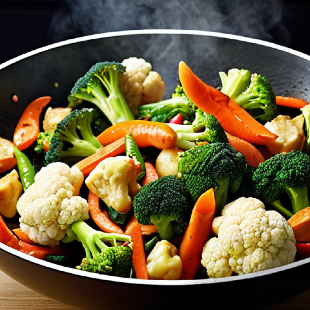 **Stir-fry vegetables:** A vibrant stir-fry with broccoli, cauliflower, carrots, and peppers, glistening with a light sauce in a wok.