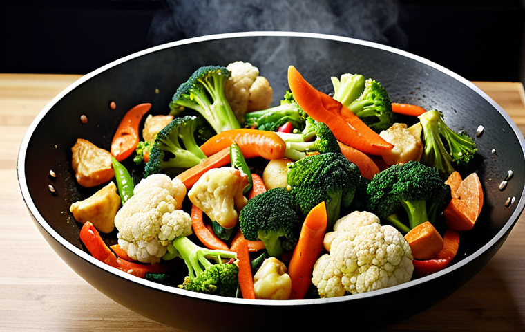 **Stir-fry vegetables:** A vibrant stir-fry with broccoli, cauliflower, carrots, and peppers, glistening with a light sauce in a wok.