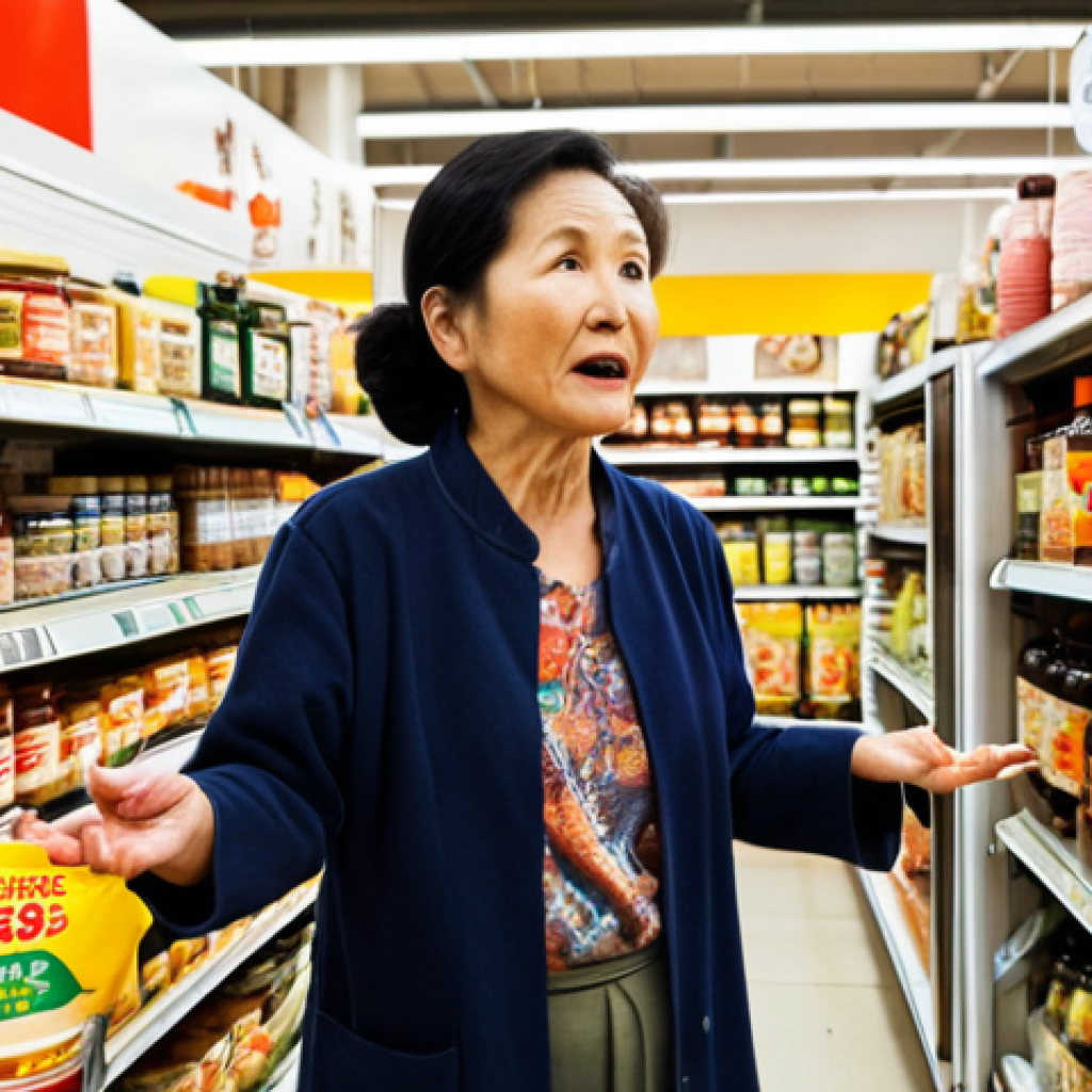 **
A vibrant, bustling Asian grocery store aisle. Colorful packaging lines the shelves, filled with unfamiliar sauces, noodles, and ingredients. Focus on the variety of soy sauces, chili oils, and fermented bean pastes. A friendly, older Asian woman stands beside a customer, gesturing towards a product and offering advice. The overall atmosphere is exciting and a bit overwhelming, but inviting and full of culinary potential.
**