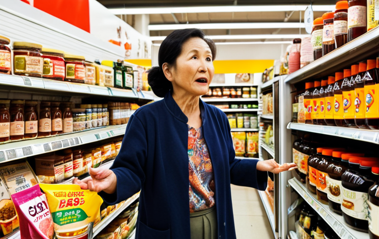 **
A vibrant, bustling Asian grocery store aisle. Colorful packaging lines the shelves, filled with unfamiliar sauces, noodles, and ingredients. Focus on the variety of soy sauces, chili oils, and fermented bean pastes. A friendly, older Asian woman stands beside a customer, gesturing towards a product and offering advice. The overall atmosphere is exciting and a bit overwhelming, but inviting and full of culinary potential.
**