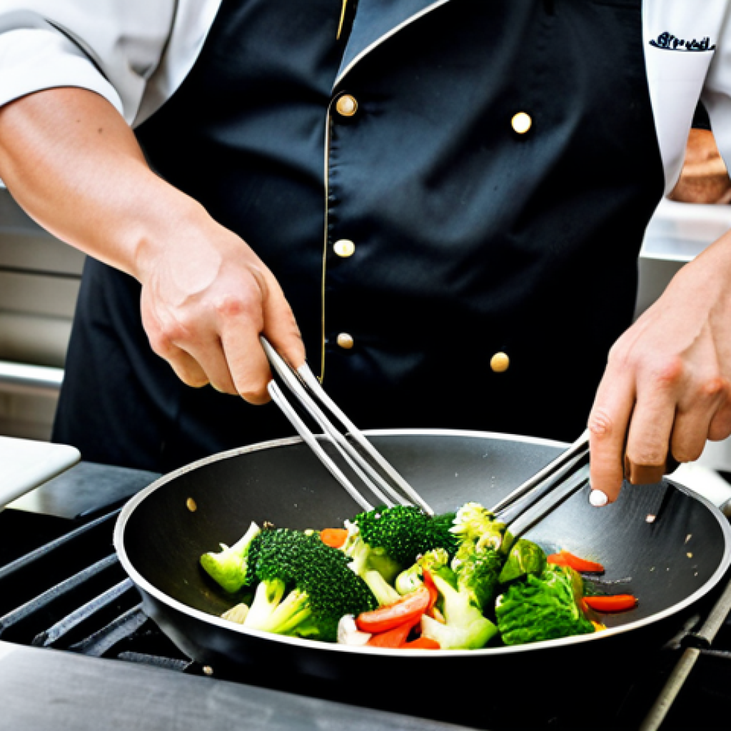 A professional chef, fully clothed in a clean, modest chef's uniform, expertly stir-frying fresh, vibrant vegetables and lean meat in a large, gleaming wok. Gentle flames lick the sides of the wok, creating a subtle *Wok Hei* effect with steam and light smoke. The professional kitchen background is modern, clean, and well-lit, with various fresh, colorful ingredients like green broccoli florets and red bell peppers visible on a nearby prep counter. The chef's hands are in a natural, dynamic pose, demonstrating agility and control over the cooking process. Professional photography, high quality, perfect anatomy, correct proportions, natural pose, well-formed hands, proper finger count, natural body proportions, safe for work, appropriate content, fully clothed, professional, family-friendly.