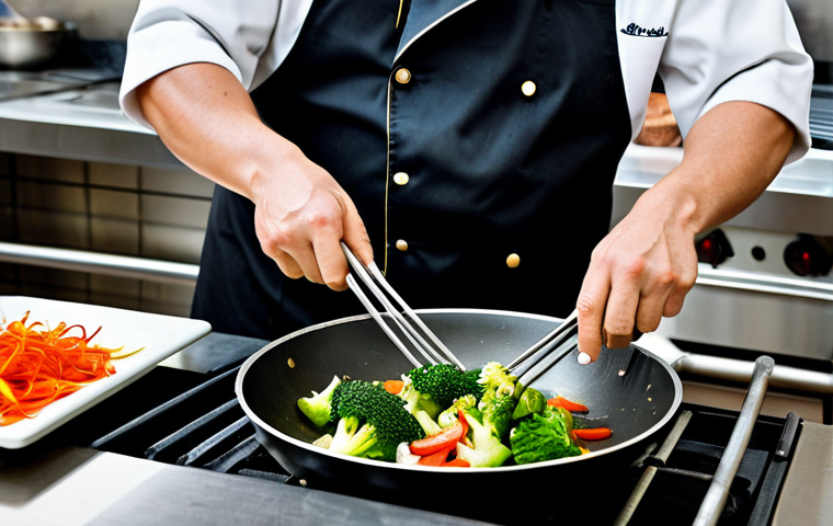 A professional chef, fully clothed in a clean, modest chef's uniform, expertly stir-frying fresh, vibrant vegetables and lean meat in a large, gleaming wok. Gentle flames lick the sides of the wok, creating a subtle *Wok Hei* effect with steam and light smoke. The professional kitchen background is modern, clean, and well-lit, with various fresh, colorful ingredients like green broccoli florets and red bell peppers visible on a nearby prep counter. The chef's hands are in a natural, dynamic pose, demonstrating agility and control over the cooking process. Professional photography, high quality, perfect anatomy, correct proportions, natural pose, well-formed hands, proper finger count, natural body proportions, safe for work, appropriate content, fully clothed, professional, family-friendly.