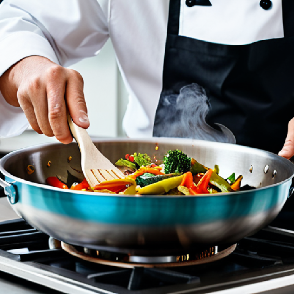 A professional chef in a clean chef's jacket, expertly stir-frying vibrant, colorful vegetables and lean protein in a large wok over a high flame. The kitchen is brightly lit, spotless, and features modern stainless steel surfaces with subtle Asian-inspired accents. Visible steam rises from the wok, conveying the dynamic energy of authentic cooking. The chef is fully clothed in professional dress, ensuring appropriate attire. This image embodies professional photography, high resolution, natural pose, perfect anatomy, correct proportions, well-formed hands, and proper finger count. It is safe for work, appropriate content, and family-friendly, rendered in high quality.