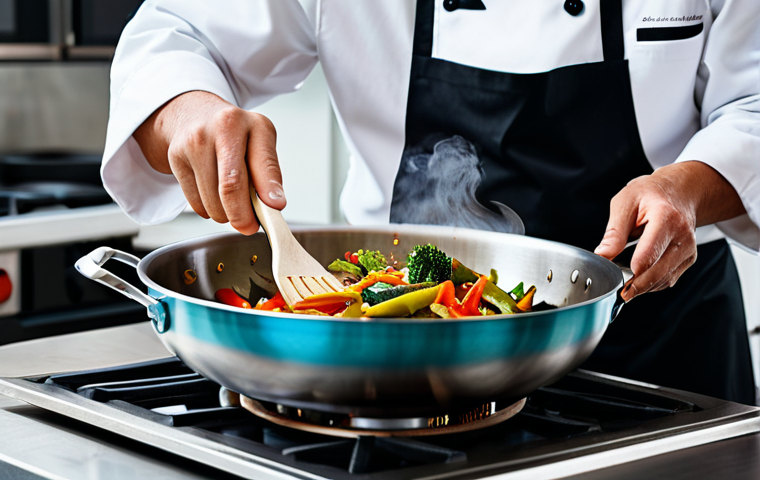 A professional chef in a clean chef's jacket, expertly stir-frying vibrant, colorful vegetables and lean protein in a large wok over a high flame. The kitchen is brightly lit, spotless, and features modern stainless steel surfaces with subtle Asian-inspired accents. Visible steam rises from the wok, conveying the dynamic energy of authentic cooking. The chef is fully clothed in professional dress, ensuring appropriate attire. This image embodies professional photography, high resolution, natural pose, perfect anatomy, correct proportions, well-formed hands, and proper finger count. It is safe for work, appropriate content, and family-friendly, rendered in high quality.