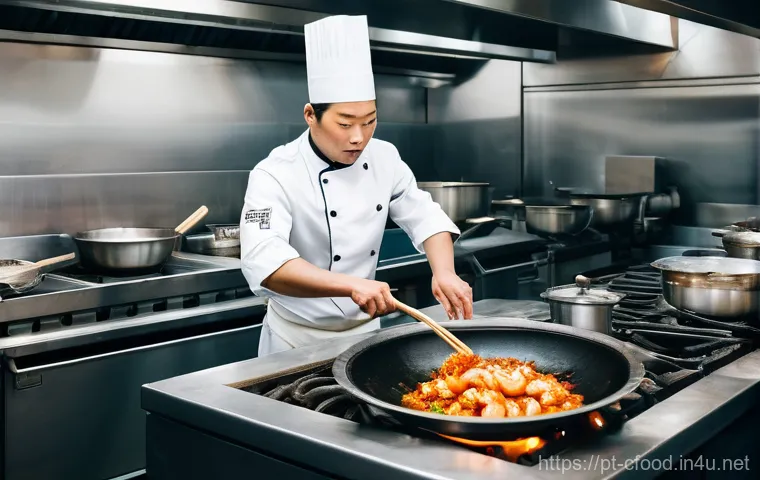 중식 조리사 자격증 - **A highly focused chef, mid-action, expertly performing "Wok Hei" in a bustling, modern restaurant ...