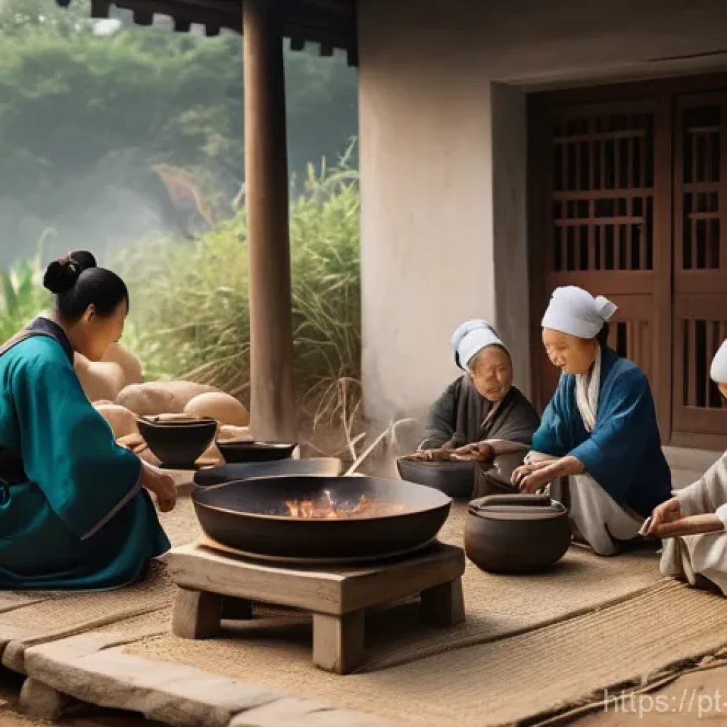 중국 음식의 유래 - **Prompt:** "A historical depiction of early Chinese communal cooking, focusing on an outdoor settin...
