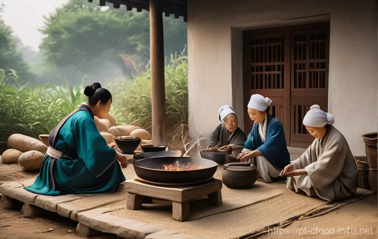 중국 음식의 유래 - **Prompt:** "A historical depiction of early Chinese communal cooking, focusing on an outdoor settin...