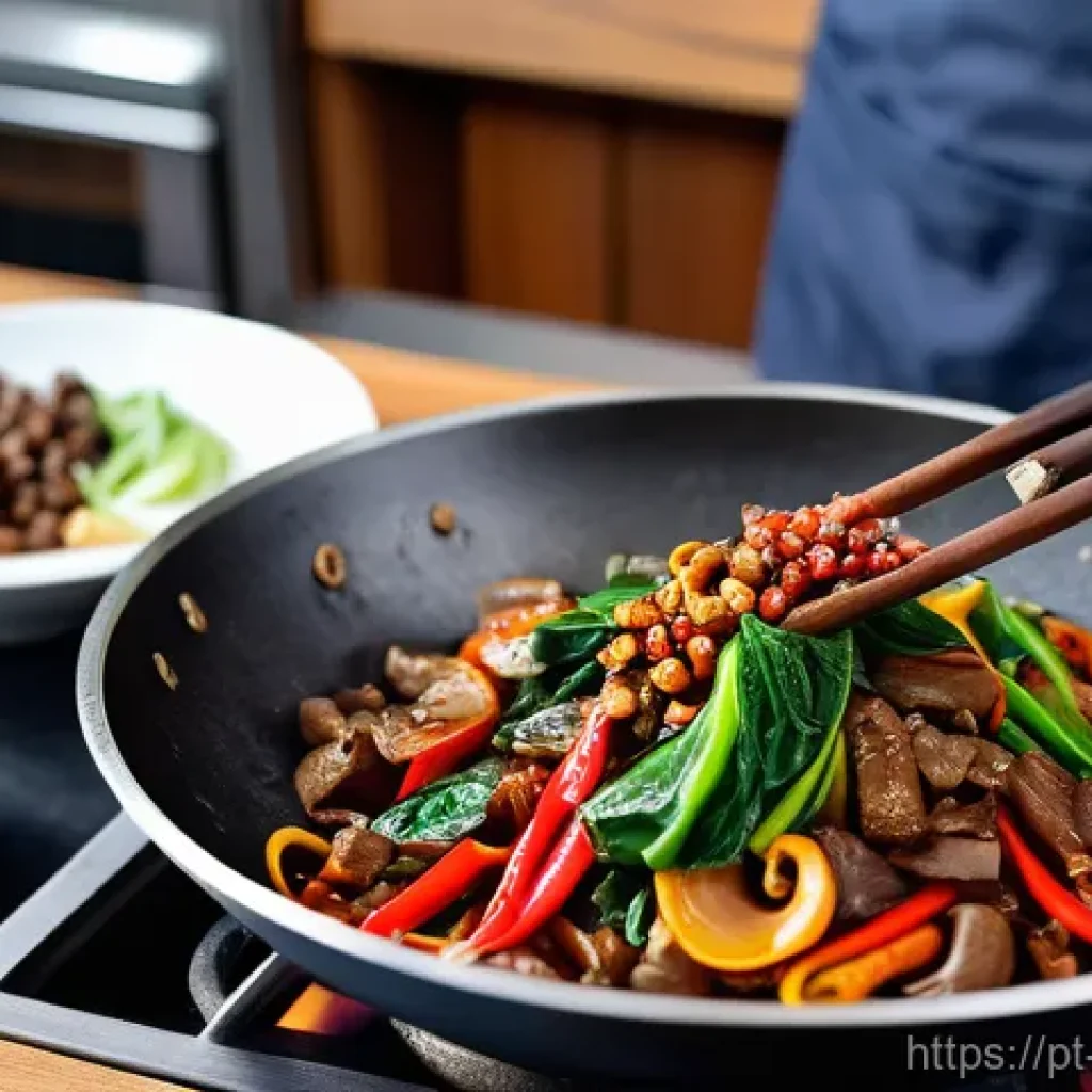 마라샹궈 만드는 법 - **A dynamic, close-up shot of a home cook expertly stir-frying Mala Xiang Guo in a large, well-seaso...