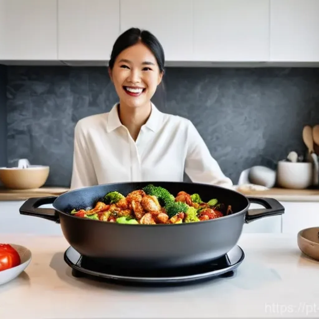 중식 밀키트 세일 - **Prompt 1: Effortless Culinary Joy in a Modern Home**
A cheerful adult woman, impeccably dresse...