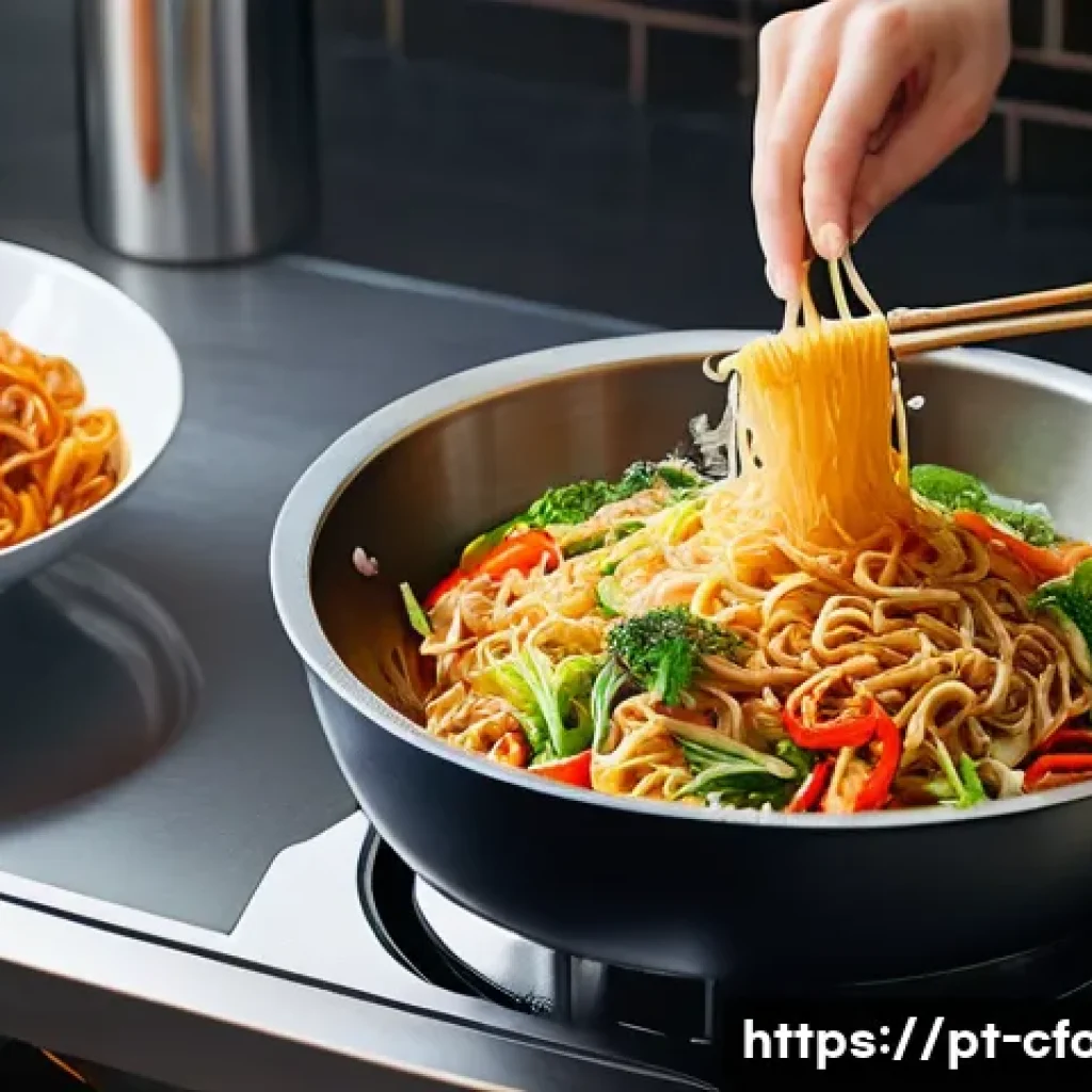 중식 음식 보관법 - A well-lit, clean kitchen scene. A person in comfortable, casual attire, focused on rapidly cooling ...