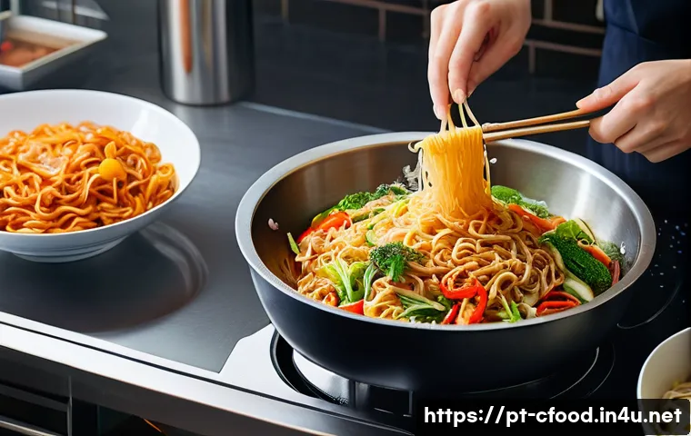 중식 음식 보관법 - A well-lit, clean kitchen scene. A person in comfortable, casual attire, focused on rapidly cooling ...