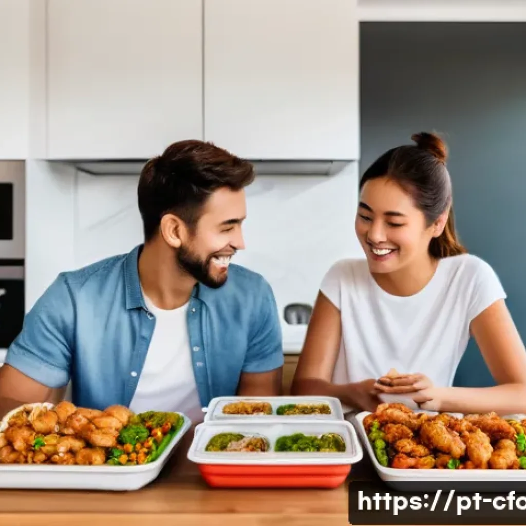 중국집 배달 서비스 - A cozy, modern Brazilian apartment interior with a young couple happily unpacking a Chinese food del...