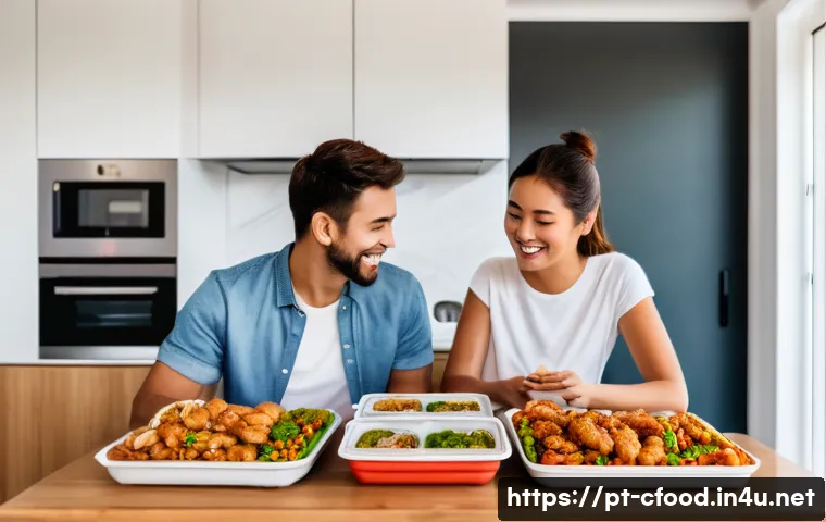 중국집 배달 서비스 - A cozy, modern Brazilian apartment interior with a young couple happily unpacking a Chinese food del...
