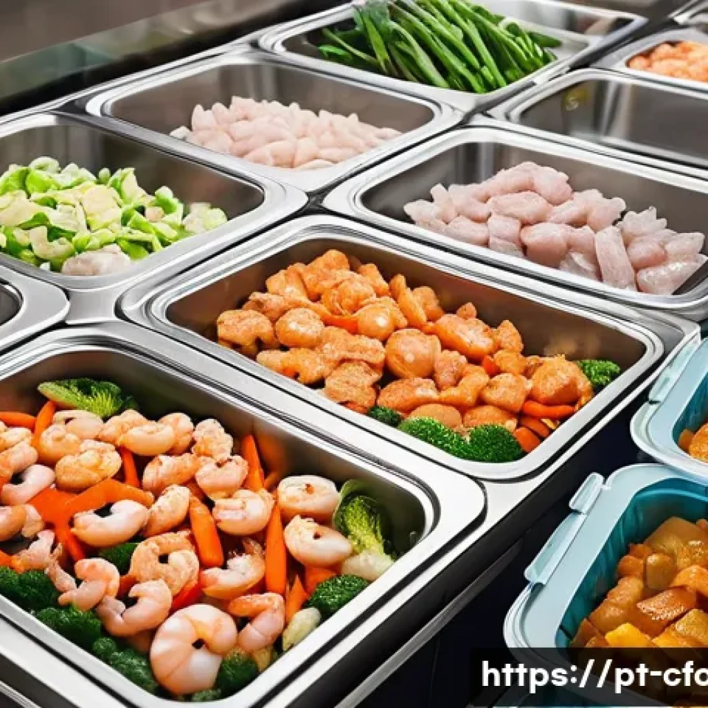 중식 냉동제품 유통기한 - A vibrant and detailed kitchen scene showing a variety of Asian frozen dishes being prepared for fre...