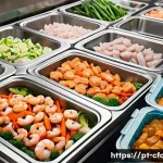 Home 21 중식 냉동제품 유통기한 - A vibrant and detailed kitchen scene showing a variety of Asian frozen dishes being prepared for fre...