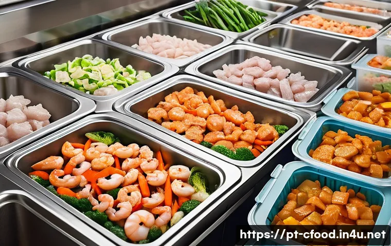 중식 냉동제품 유통기한 - A vibrant and detailed kitchen scene showing a variety of Asian frozen dishes being prepared for fre...