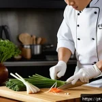 Home 19 중식 자격증 시험 후기 - A professional Asian kitchen scene featuring a focused chef practicing classic Chinese knife cuts su...