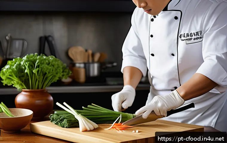 중식 자격증 시험 후기 - A professional Asian kitchen scene featuring a focused chef practicing classic Chinese knife cuts su...