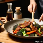 Home 18 중국 요리 맛내기 팁 - A vibrant Chinese kitchen scene showing a chef skillfully stir-frying colorful vegetables and tender...