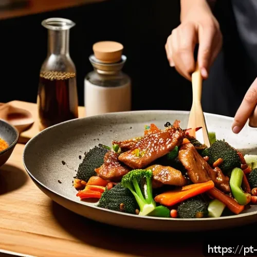 Home 30 중국 요리 맛내기 팁 - A vibrant Chinese kitchen scene showing a chef skillfully stir-frying colorful vegetables and tender...