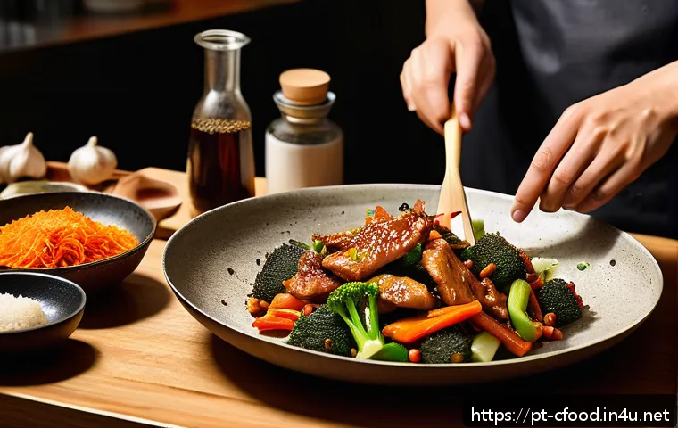 중국 요리 맛내기 팁 - A vibrant Chinese kitchen scene showing a chef skillfully stir-frying colorful vegetables and tender...