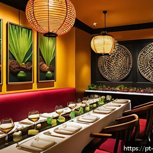 Home 29 중식당 메뉴 구성 - A vibrant restaurant scene showcasing a modern Brazilian-Chinese fusion dining experience: diverse g...