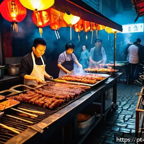 Home 16 중국 길거리 음식 - A vibrant Chinese street food market scene at night in Chengdu, bustling with diverse food stalls il...