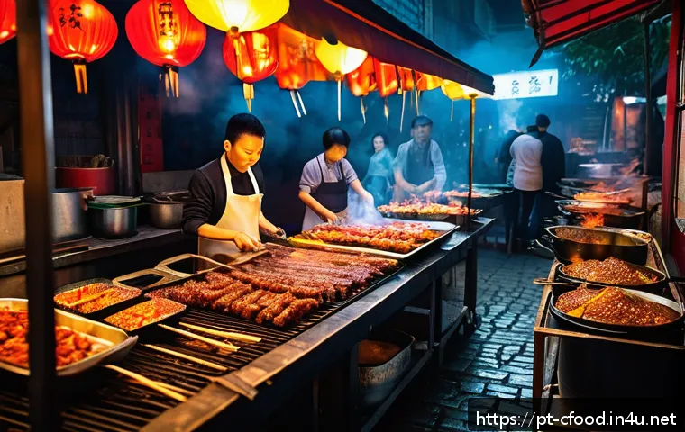 중국 길거리 음식 - A vibrant Chinese street food market scene at night in Chengdu, bustling with diverse food stalls il...