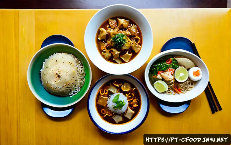 Home 17 중식과 동남아 요리 비교 - Photorealistic overhead comparison scene of a Chinese meal and a Southeast Asian meal on a clean woo...