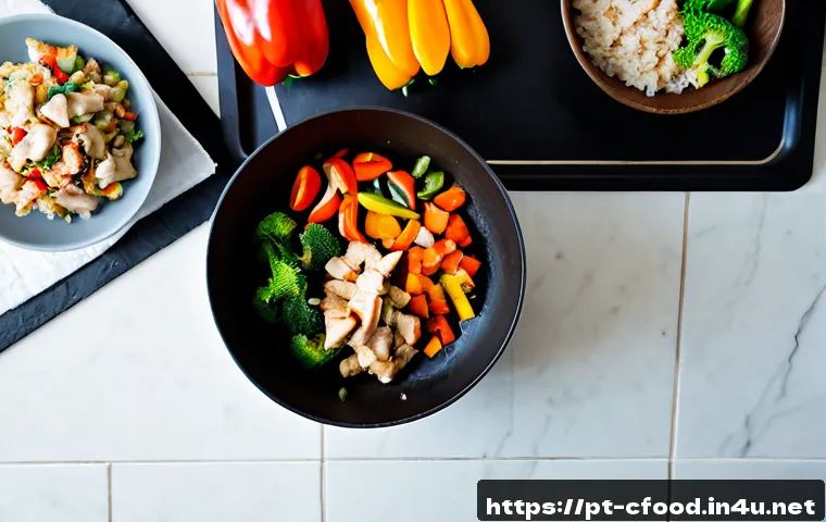 중국 음식 간편 조리법 - Photorealistic overhead view of a simple Chinese-style chicken and vegetable stir-fry being prepared...
